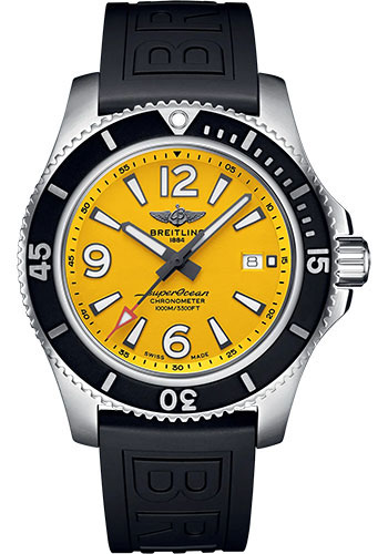Breitling Superocean Automatic 44 Watch - Stainless Steel - Yellow Dial - Black Rubber Strap - Folding Buckle