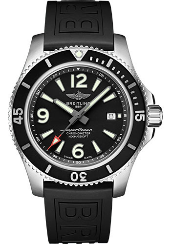 Breitling Superocean Automatic 44 Watch - Stainless Steel - Black Dial - Black Rubber Strap - Folding Buckle