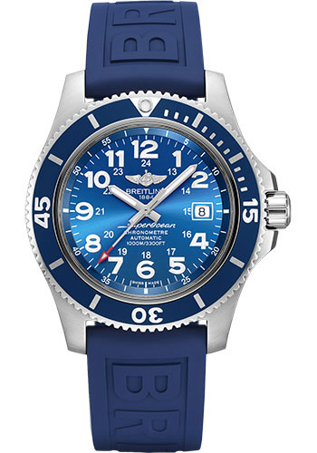 Breitling Superocean II 44 Watch - Steel - Gun Blue Dial - Blue Rubber Strap - Tang Buckle