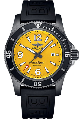 Breitling Superocean Automatic 46 Black Steel Watch - DLC-Coated Stainless Steel - Yellow Dial - Black Rubber Strap - Folding Buckle