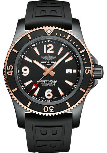 Breitling Superocean Automatic 46 Black Steel Watch - DLC-Coated Steel and 18K Red Gold - Black Dial - Black Rubber Strap - Tang Buckle