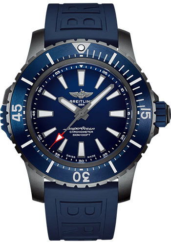 Breitling Superocean Automatic 48 Watch - DLC-Coated Titanium - Blue Dial - Blue Rubber Strap - Tang Buckle