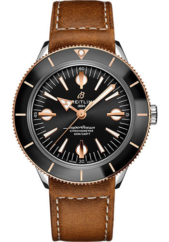Breitling Superocean Heritage '57 Watch - Steel and 18K Red Gold - Black Dial - Brown Calfskin Leather Strap - Folding Buckle