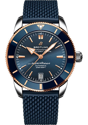 Breitling Superocean Heritage B20 Automatic 42 Watch - Steel and 18K Red Gold - Blue Dial - Blue Rubber Strap - Folding Buckle