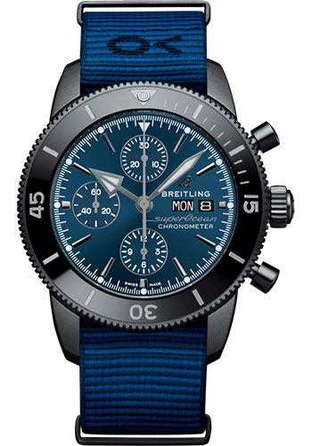 Breitling Superocean Heritage Chronograph 44 Outerknown Watch - Black steel - Blue Dial - Taffetas Dark Blue Nato Strap - Tang Buckle