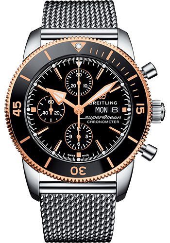 Breitling Superocean Héritage II Chronograph 44 Watch - Steel and Rose Gold Case - Black Dial - Steel Aero Classic Bracelet