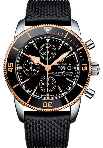 Breitling Superocean Héritage II Chronograph 44 Watch - Steel and Rose Gold Case - Volcano Black Dial - Black Rubber Aero Classic Strap