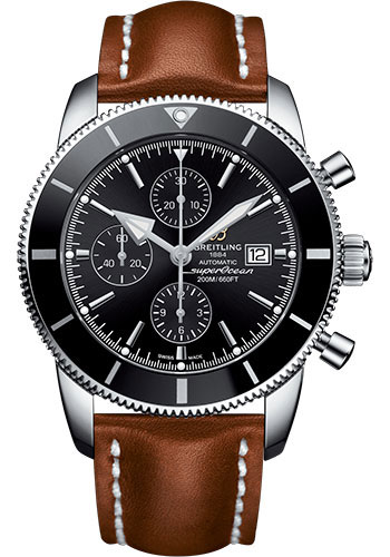 Breitling Superocean Héritage II Chronograph 46 Watch - Steel Case - Volcano Black Dial - Gold Leather Strap