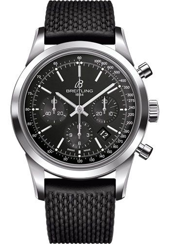 Breitling Transocean Chronograph Watch - Steel - Black Dial - Black Rubber Aero Classic Strap - Folding Buckle