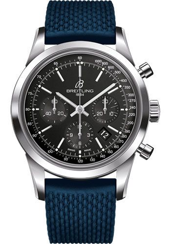Breitling Transocean Chronograph Watch - Steel - Black Dial - Blue Rubber Aero Classic Strap - Folding Buckle