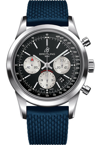 Breitling Transocean Chronograph Watch - Steel - Black Dial - Blue Rubber Aero Classic Strap - Folding Buckle