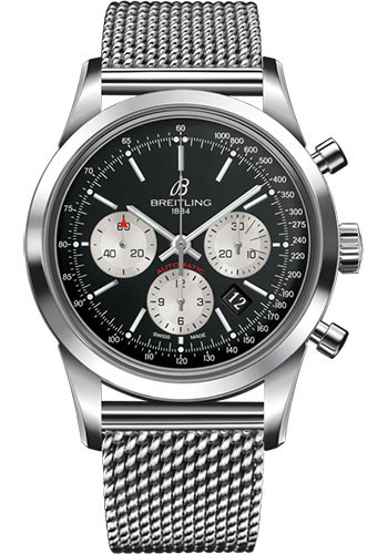Breitling Transocean Chronograph Watch - Steel - Black Dial - Steel Bracelet