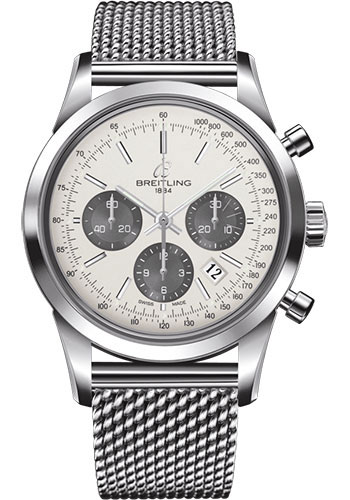 Breitling Transocean Chronograph Watch - Steel - Mercury Silver Dial - Steel Bracelet