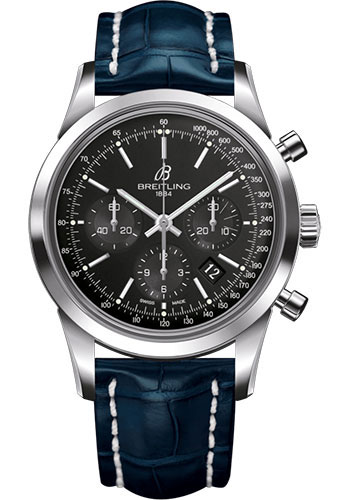 Breitling Transocean Chronograph Watch - Steel - Black Dial - Blue Croco Strap - Tang Buckle