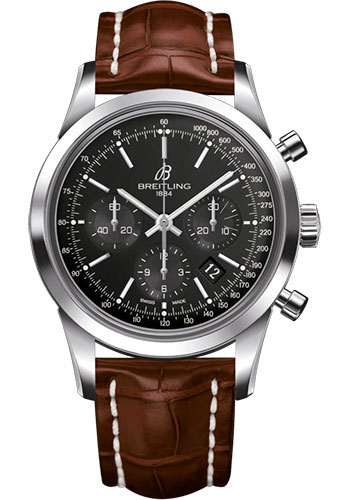 Breitling Transocean Chronograph Watch - Steel - Black Dial - Gold Croco Strap - Tang Buckle