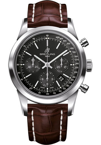 Breitling Transocean Chronograph Watch - Steel - Black Dial - Brown Croco Strap - Tang Buckle