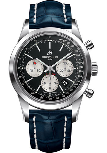 Breitling Transocean Chronograph Watch - Steel - Black Dial - Blue Croco Strap - Tang Buckle