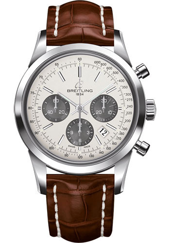 Breitling Transocean Chronograph Watch - Steel - Mercury Silver Dial - Gold Croco Strap - Tang Buckle