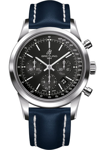 Breitling Transocean Chronograph Watch - Steel - Black Dial - Blue Leather Strap - Folding Buckle