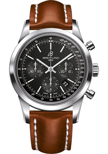 Breitling Transocean Chronograph Watch - Steel - Black Dial - Gold Leather Strap - Folding Buckle