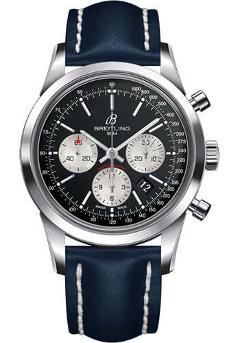 Breitling Transocean Chronograph Watch - Steel - Black Dial - Blue Leather Strap - Folding Buckle