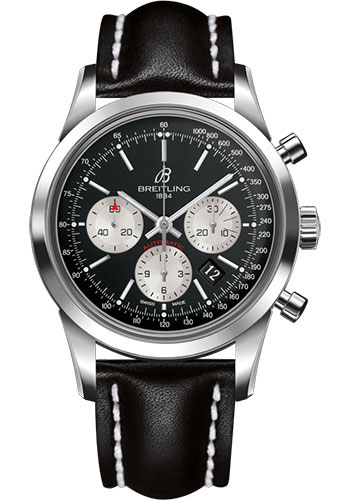 Breitling Transocean Chronograph Watch - Steel - Black Dial - Black Leather Strap - Folding Buckle