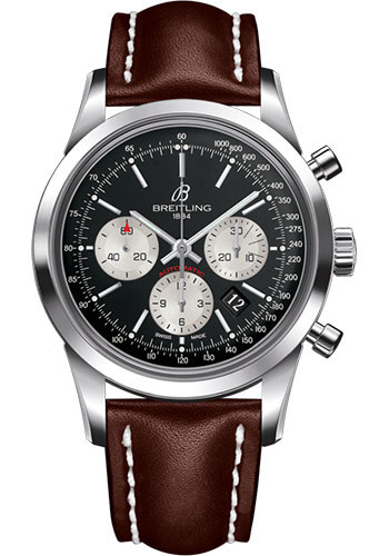 Breitling Transocean Chronograph Watch - Steel - Black Dial - Brown Leather Strap - Folding Buckle