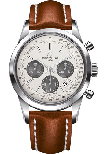 Breitling Transocean Chronograph Watch - Steel - Mercury Silver Dial - Gold Leather Strap - Folding Buckle