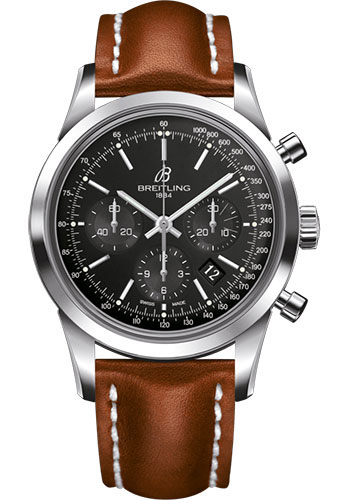 Breitling Transocean Chronograph Watch - Steel - Black Dial - Gold Leather Strap - Tang Buckle
