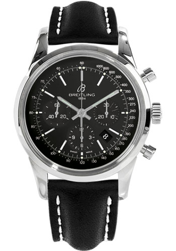 Breitling Transocean 01 Chronograph Watch - 43mm Steel Case - Black Dial - Black Leather Strap