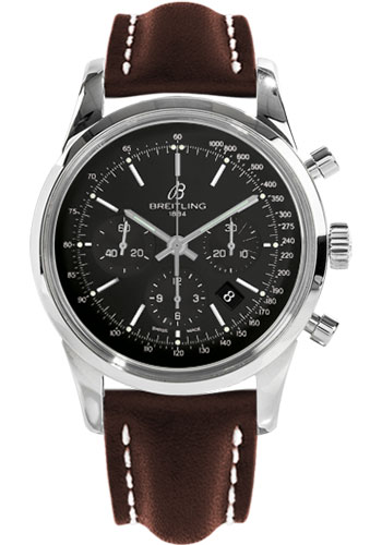 Breitling Transocean 01 Chronograph Watch - 43mm Steel Case - Black Dial - Brown Leather Strap