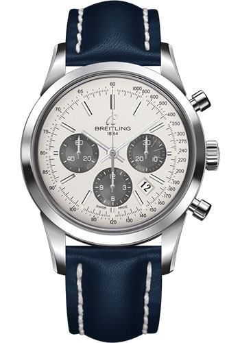 Breitling Transocean Chronograph Watch - Steel - Mercury Silver Dial - Blue Leather Strap - Tang Buckle