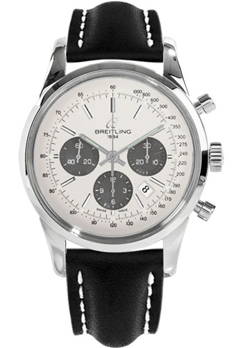 Breitling Transocean 01 Chronograph Watch - 43mm Steel Case - Mercury Silver Dial - Black Leather Strap