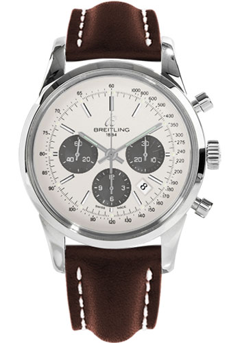 Breitling Transocean 01 Chronograph Watch - 43mm Steel Case - Mercury Silver Dial - Brown Leather Strap