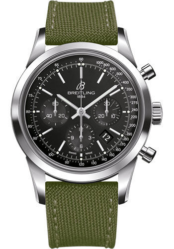 Breitling Transocean Chronograph Watch - Steel - Black Dial - Khaki Green Military Strap - Tang Buckle