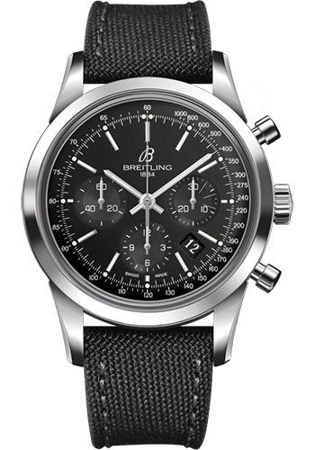 Breitling Transocean Chronograph Watch - Steel - Black Dial - Anthracite Military Strap - Tang Buckle