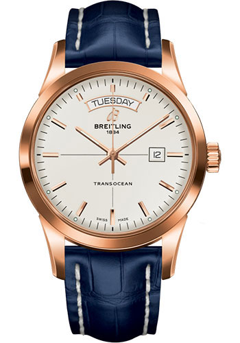 Breitling Transocean Day & Date Watch - 18k Red Gold - Mercury Silver Dial - Blue Croco Strap - Folding Buckle