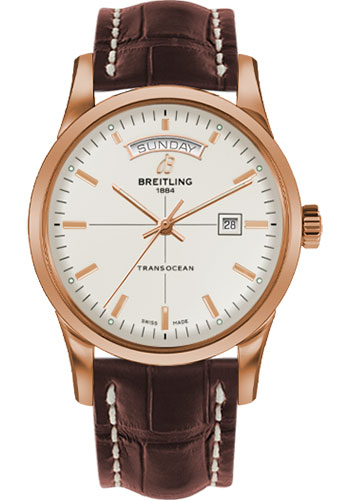Breitling Transocean Day & Date Watch - 43mm Red Gold Case - Mercury Silver Dial - Brown Croco Strap