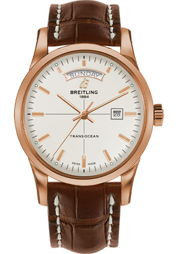 Breitling Transocean Day & Date Watch - 43mm Red Gold Case - Mercury Silver Dial - Gold Croco Strap