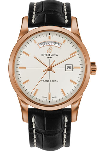 Breitling Transocean Day & Date Watch - 43mm Red Gold Case - Mercury Silver Dial - Black Croco Strap