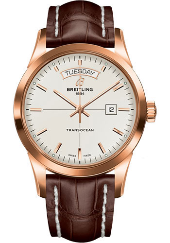 Breitling Transocean Day & Date Watch - 18k Red Gold - Mercury Silver Dial - Brown Croco Strap - Tang Buckle