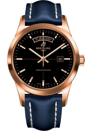 Breitling Transocean Day & Date Watch - 18k Red Gold - Black Dial - Blue Leather Strap - Folding Buckle