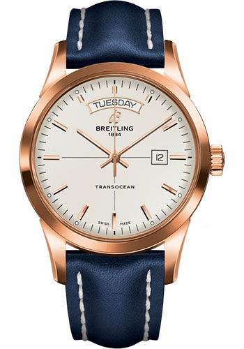 Breitling Transocean Day & Date Watch - 18k Red Gold - Mercury Silver Dial - Blue Leather Strap - Folding Buckle