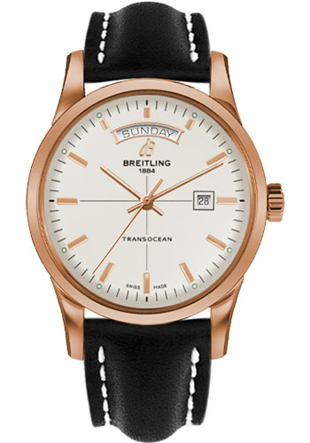 Breitling Transocean Day & Date Watch - 43mm Red Gold Case - Mercury Silver Dial - Black Leather Strap