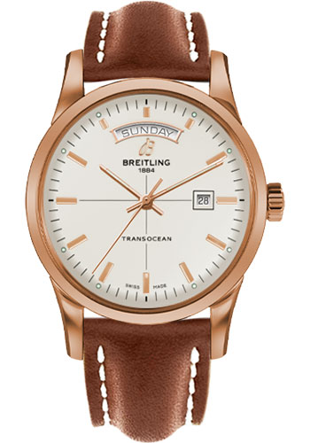 Breitling Transocean Day & Date Watch - 43mm Red Gold Case - Mercury Silver Dial - Brown Leather Strap