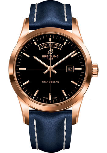 Breitling Transocean Day & Date Watch - 18k Red Gold - Black Dial - Blue Leather Strap - Tang Buckle