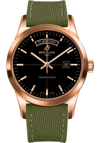 Breitling Transocean Day & Date Watch - 18k Red Gold - Black Dial - Khaki Green Military Strap - Tang Buckle