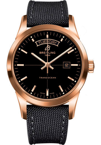 Breitling Transocean Day & Date Watch - 18k Red Gold - Black Dial - Anthracite Military Strap - Tang Buckle