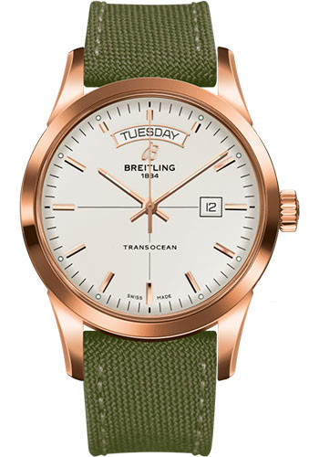 Breitling Transocean Day & Date Watch - 18k Red Gold - Mercury Silver Dial - Khaki Green Military Strap - Tang Buckle