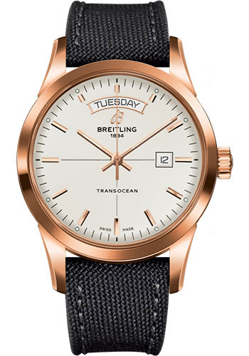 Breitling Transocean Day & Date Watch - 18k Red Gold - Mercury Silver Dial - Anthracite Military Strap - Tang Buckle